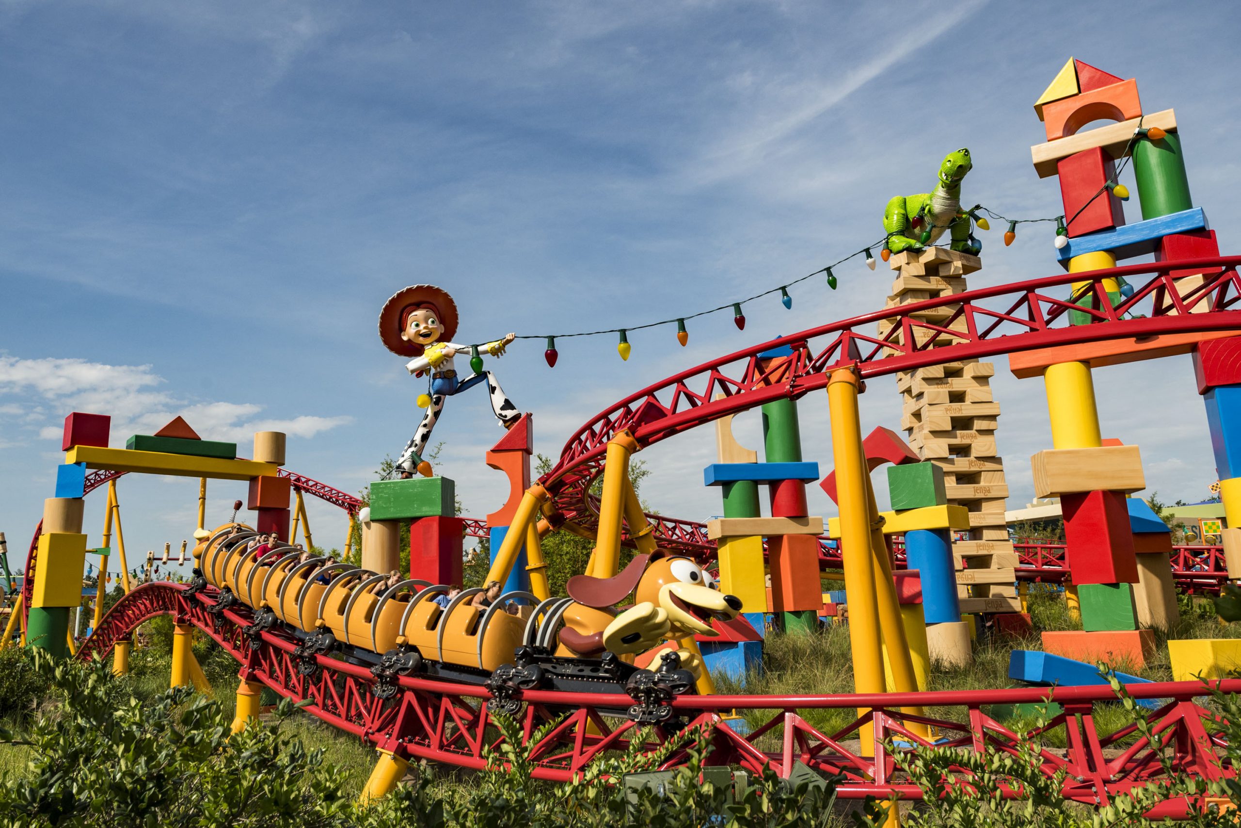 Slinky DogÕs coils twist and turn around the curves, hills, and drops of Slinky Dog Dash at Toy Story Land at DisneyÕs Hollywood Studios. The family-friendly coaster is inspired by the hit Pixar Animation StudiosÕ Toy Story films, and is DisneyÕs first coaster with a double-launch. Walt Disney World Resort guests get to race and dive around a track that stretches across Toy Story Land. (Matt Stroshane, photographer)